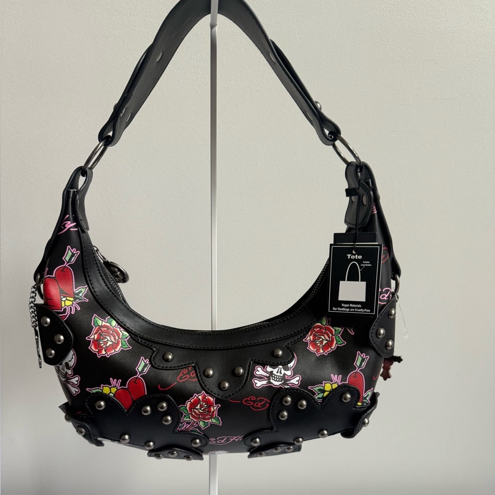 Ed Hardy Black Shoulder Bag with Red Rose & Heart Print - Picture 11 of 11